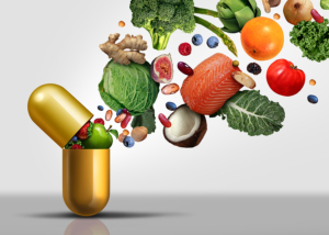 vitamins and healthy foods spilling out of a capsule